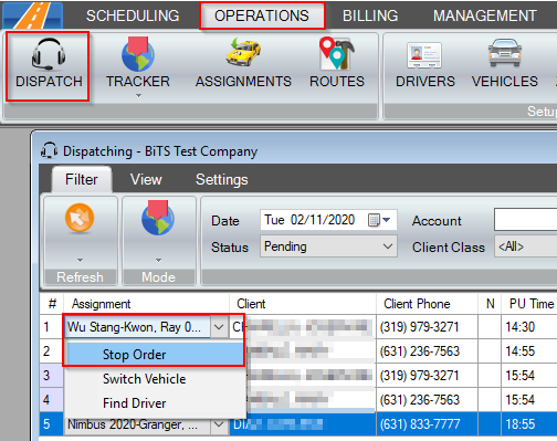 Stop View on the Dispatch Screen